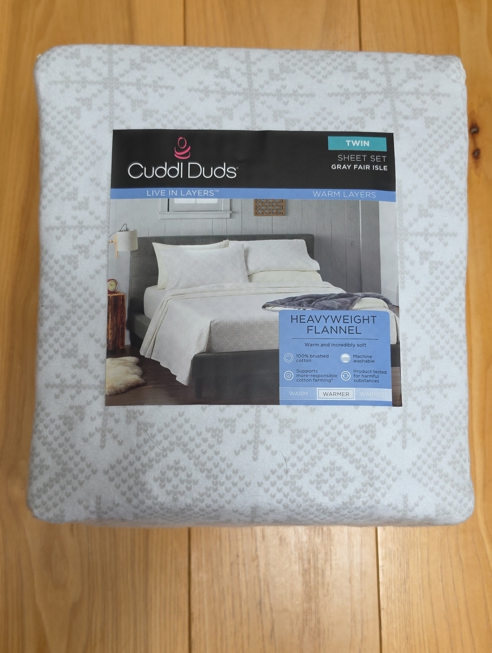 Cuddl Duds Twin Heavyweight Flannel Sheet Set in Light Gray Fair Isle